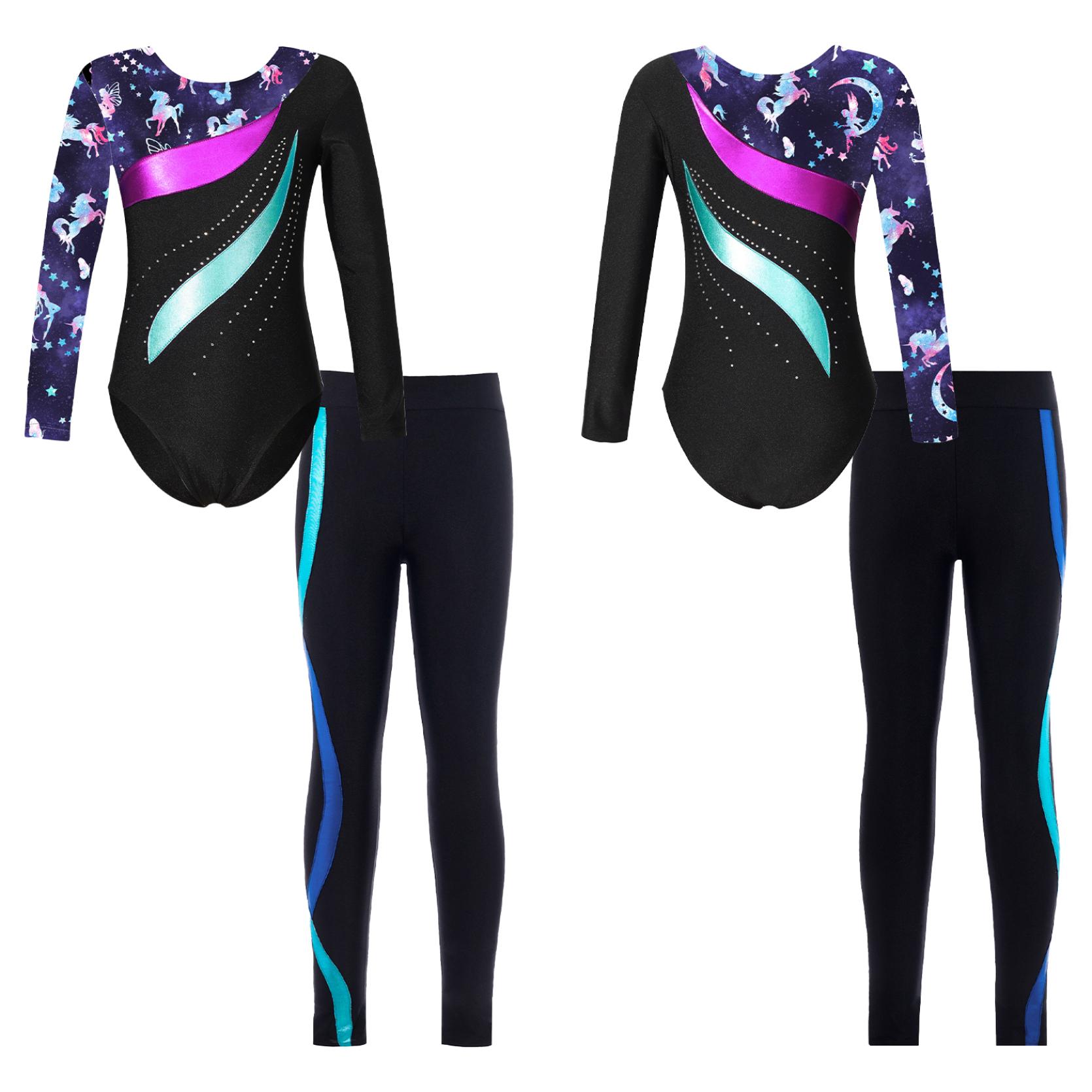 IEFiEL Kinderen Meisjes 2 Stuks Gymnastiek Dansoutfits Maillots met lange mouwen en broek Atletische Biketards Unitards 7-8 Years
