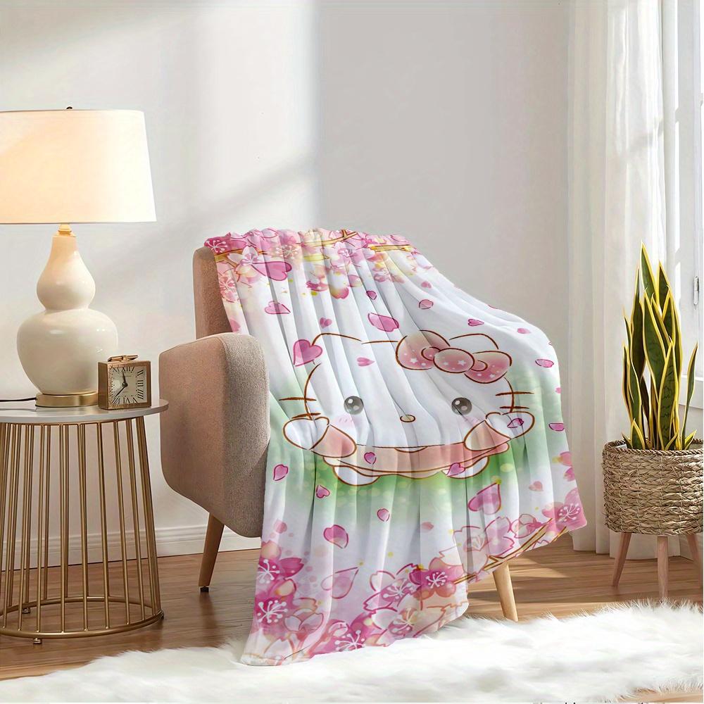 1pc Kitty, Pink, FlowersDigital Print Fleece Blanket - Contemporary Style, Suitable for All Seasons, Perfect for Home, Travel, or Camping -