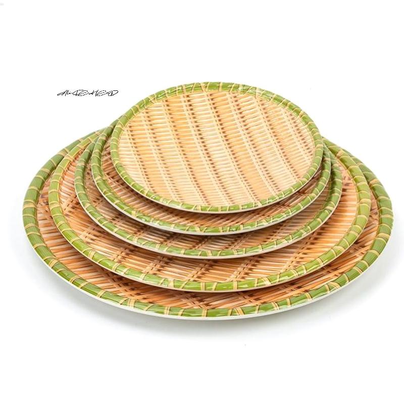 Bamboo Weaving Melamine Hot Pot Vegetable Plate Green Barbecue Serving Dish Multiple Styles for Restaurant Use