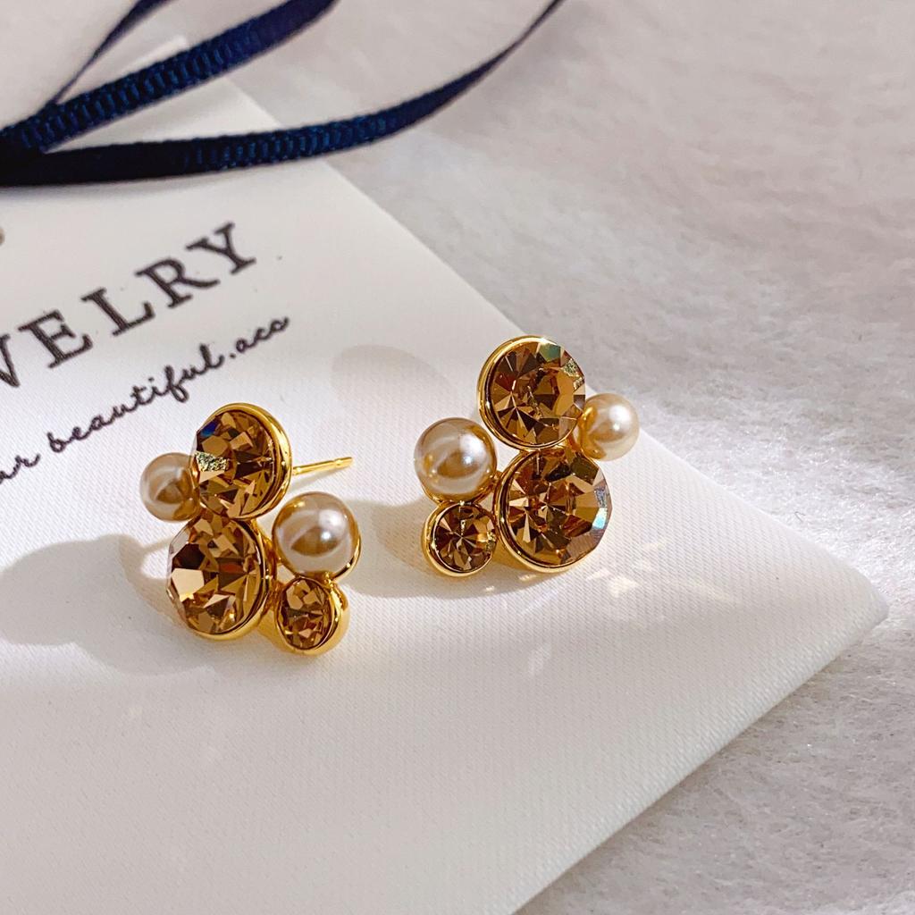 Copper Plated 18K Gold French Autumn Winter Vintage Tea Crystal Rhinestone Women's New Arrival Light Luxury Stud Earrings