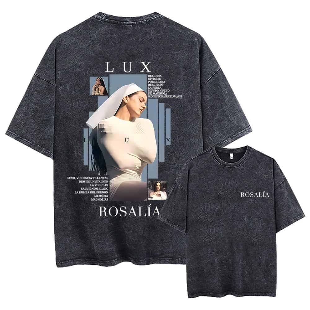 Washed Vintage Rosalia Lux Album Graphic T Shirt Men Women Hip Hop Fashion Pop Music Tshirts Male Casual Oversized Streetwear