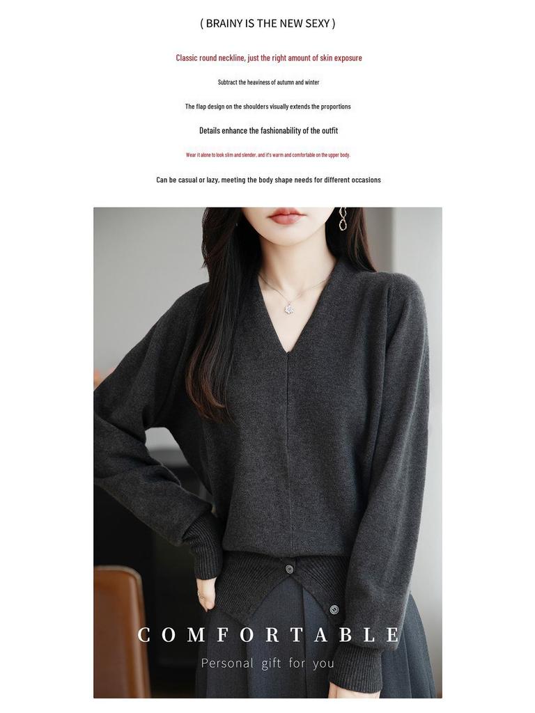 Women's Coffee Velvet V-Neck Knit Sweater – Autumn/Winter Korean Style Pullover Top