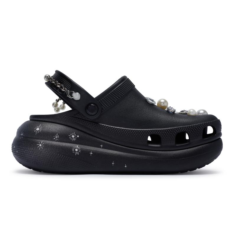 Crocs Classic Crush 811 Made In the Secret Moon Bow Pearl Chain Hole Shoes Unisex Black and White