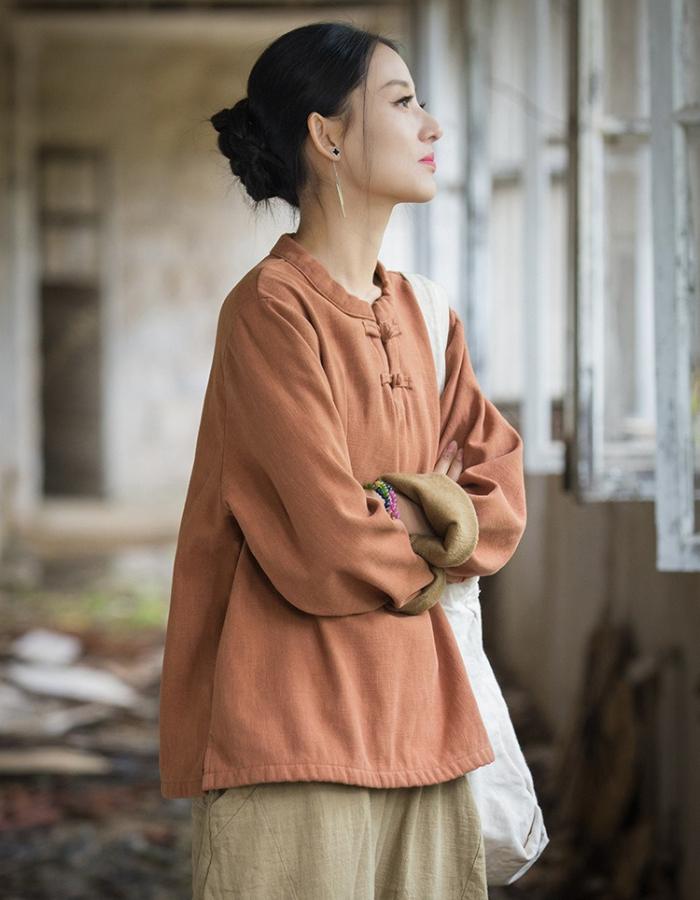 Johnature Women Chinese Style Fleece Shirts Solid Color Warm Tops Stand Long Sleeve Blouses Winter Vintage Button Shirt