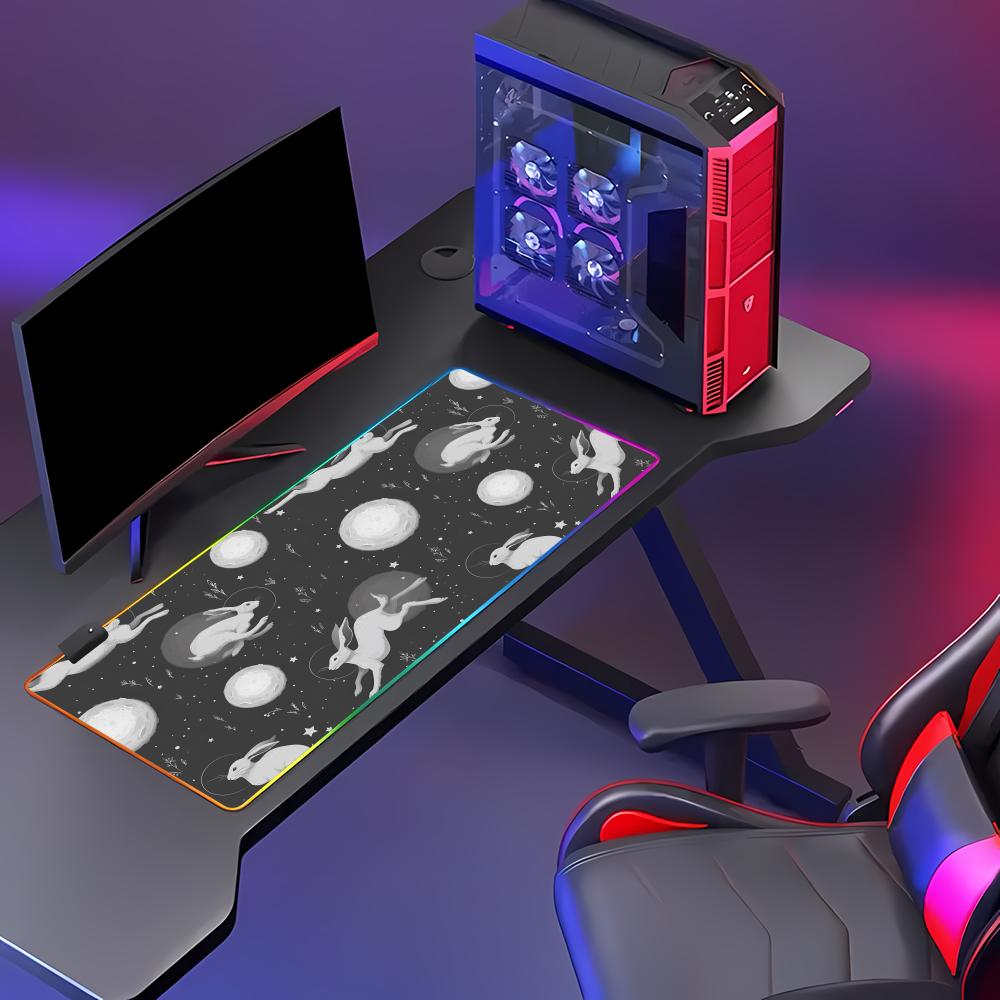 The white rabbit running on the moon Mouse Pad RGB Gaming Mouse Pad HD Gamer Large LED Light XXL PC Computer pad Non-slip