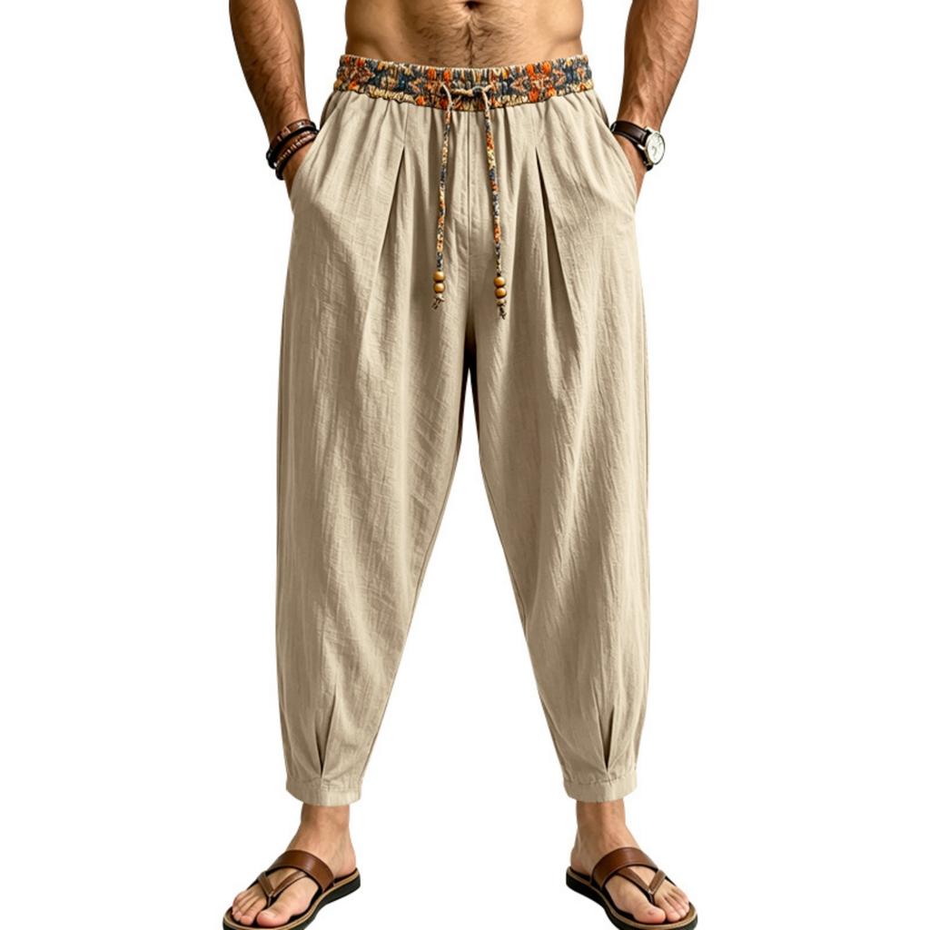 Men's Linen Loose Fit Color Wide Leg Pants with Tapered Hem for Business Casual