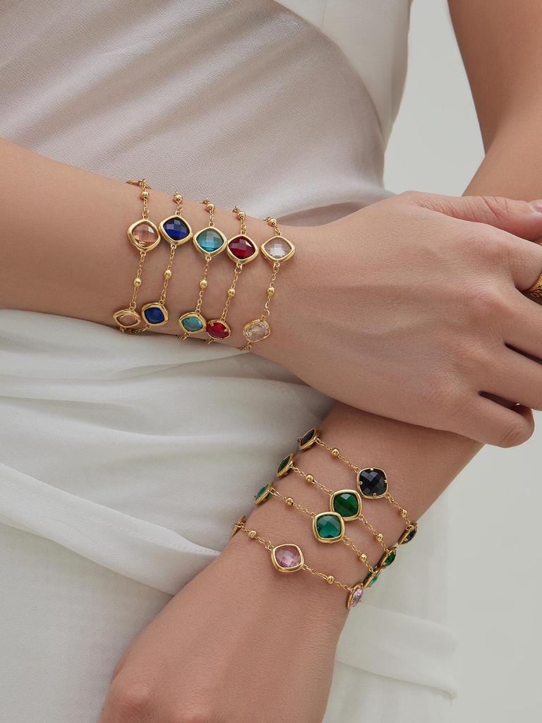 Geometric Glass Stone Earrings & Stainless Steel Bead Necklace Bracelet Set - Multi-color Patchwork Jewelry