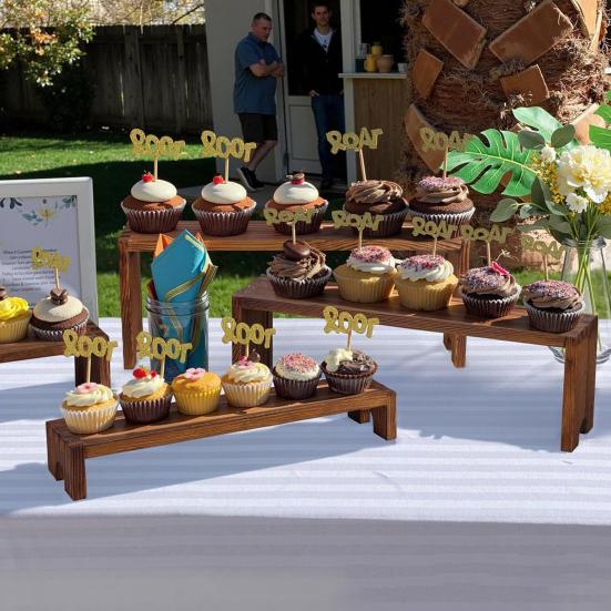 4Pcs/Set Wooden Tiered Riser Display Stand 4-Tie Perfume Organizer Stand Rustic Dessert Spice Figure Display Rack Riser Shelf Decoration