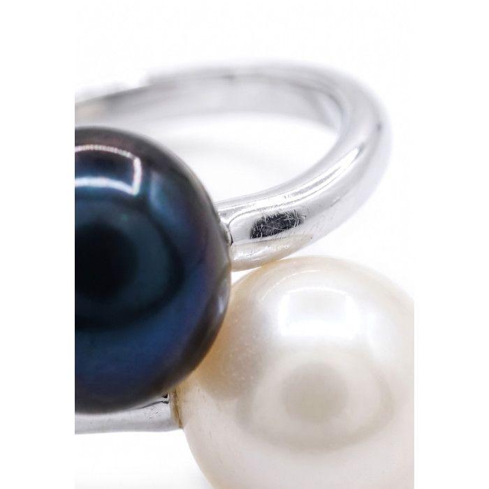 Ring - Parels & Kleuren - Zoetwatercultuurparels 7-8 mm Rond - Witte Parel & Zwart - Witgoud 375/1000 - Vrouw