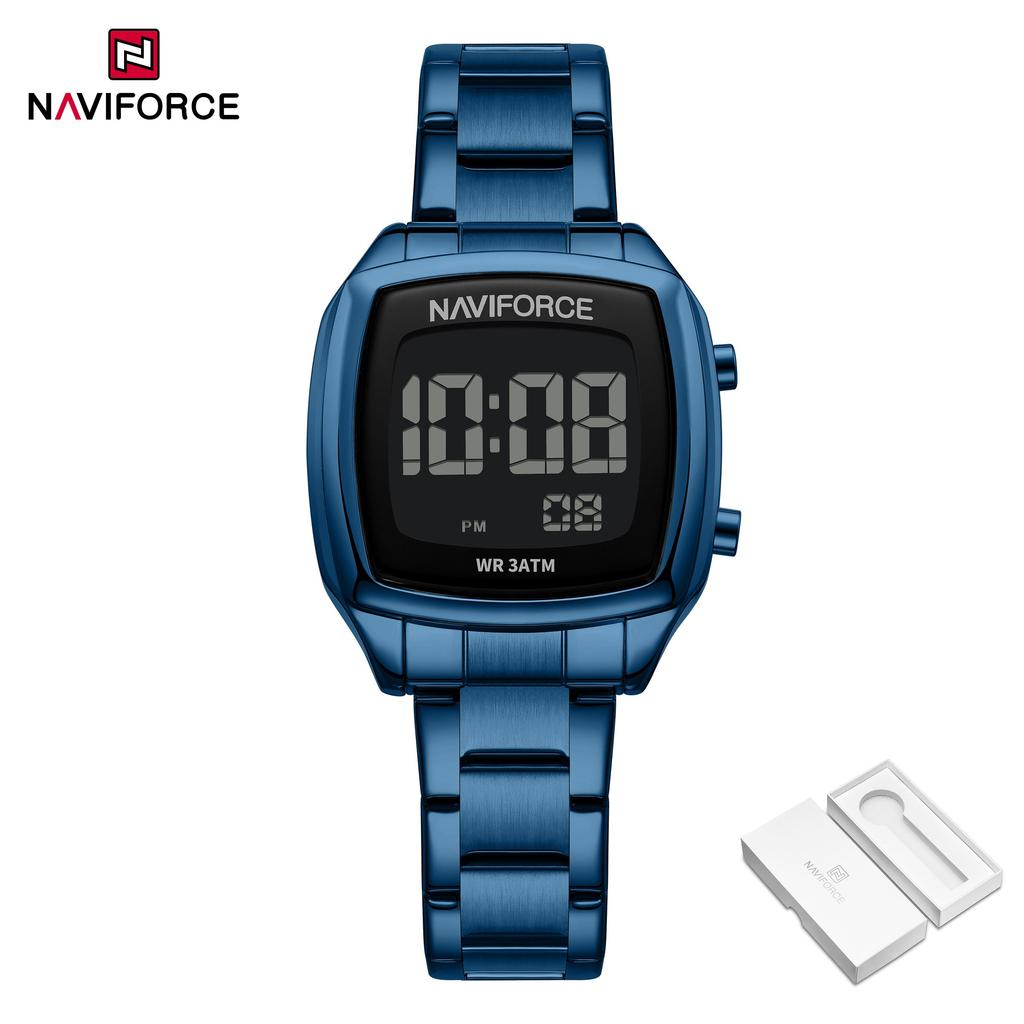 NAVIFORCE Women Digital Waterproof Watch Casual Sport Multifunction Stopwatch Gold Square Luminous Date Dial Stainless Steel Strap NF5047
