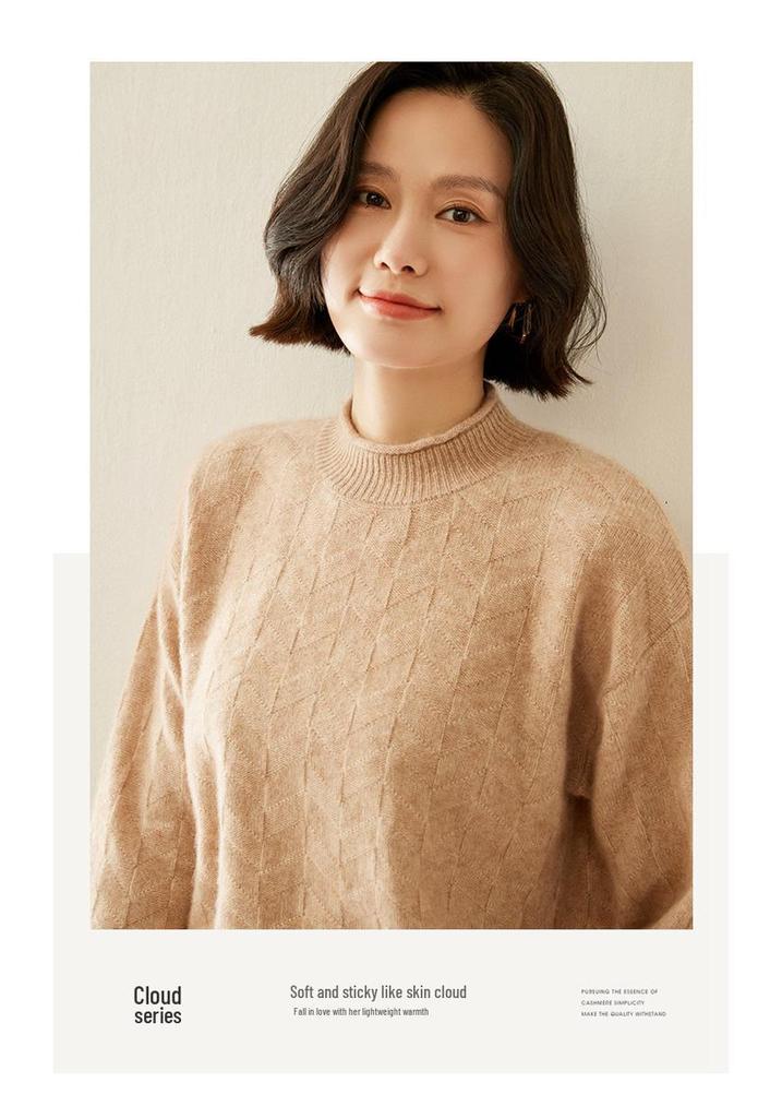 Rolled-Edge Semi-High Neck Cashmere Sweater, 2025 Autumn/Winter Women's Jacquard Knit Pullover