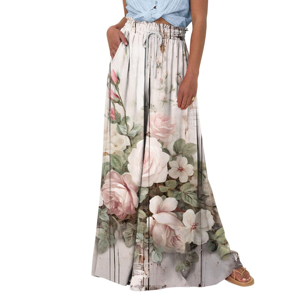 Pantalon Palazzo taille haute pour femmes, jambes larges, décontracté, fluide, imprimé Floral, pantalon de plage avec poche, été