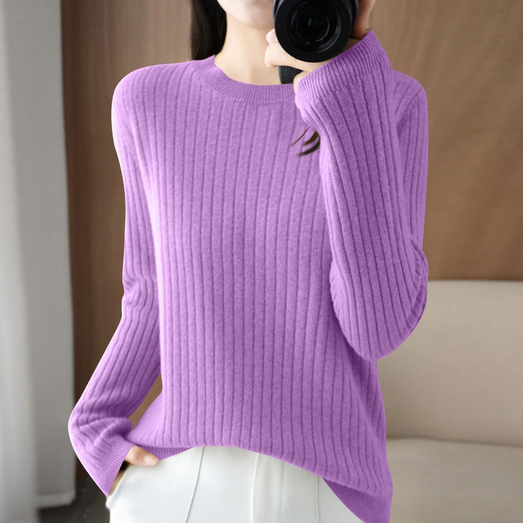 Damenmode Locker Gestrickter Pullover Unterhemd Rundhals Pullover Langarm Einfarbiges Oberteil