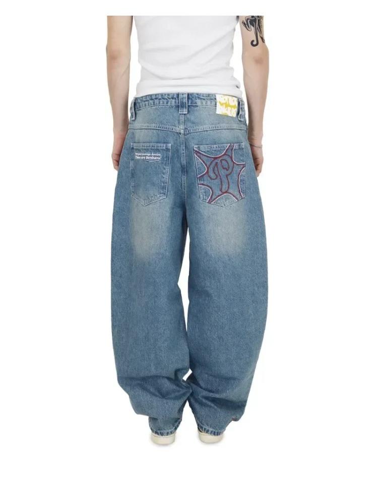 Streetwear Jeans Y2K Mens Pants Harajuku Hip Hop Letter Embroidery Vintage Blue Baggy Jeans High Waist Wide Leg Trouser