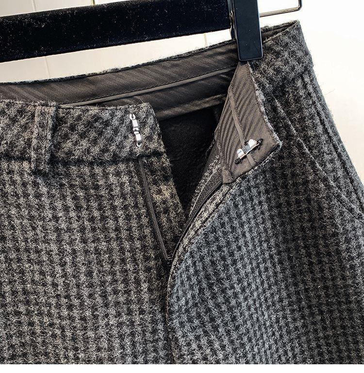 Women's Retro Houndstooth Wool Wide-Leg Pants: Thick, Plus-Size, Elastic High Waist - Winter Casual Versatile Straight Style