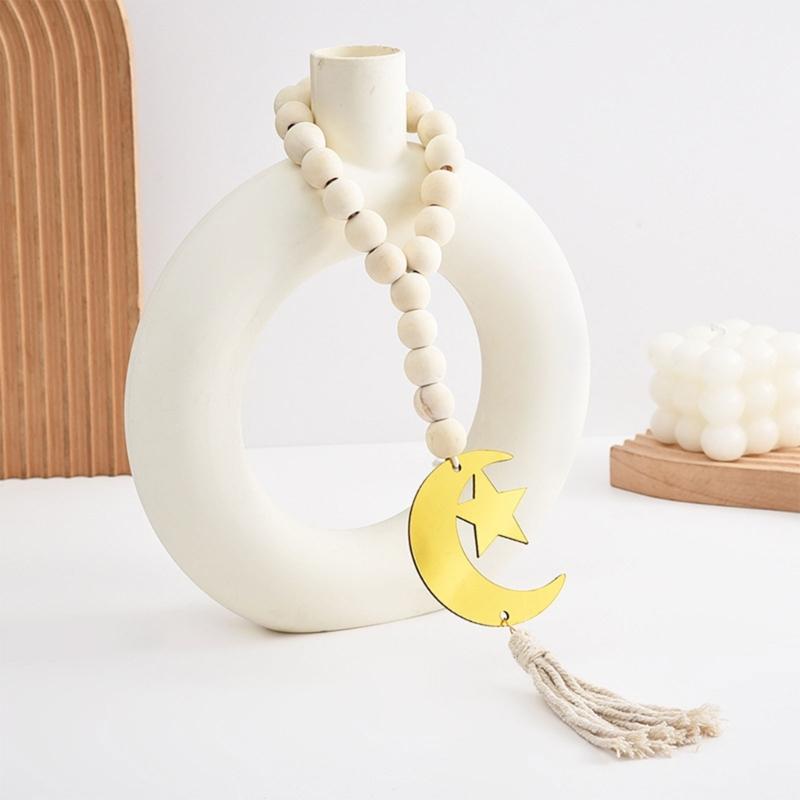 Ramadans Wood Beaded Garlands Acrylic Moon Pendant Wall Hanging Ornament with Tassels For Islamic Festives Home Decorations
