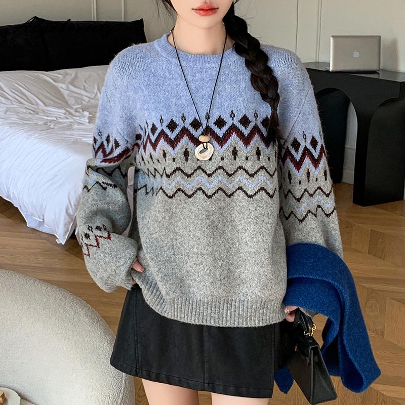 Korean Fashion Autumn Winter Women Basic Sweater O Neck Contrast Color Knitting Pullover Long Sleeve Thick Warm Knitted Outerwear