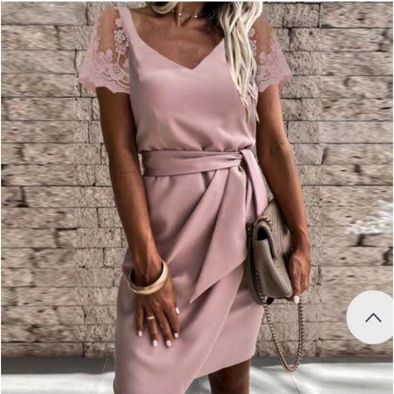 

Europe and America Cross Border Summer Mature Women V-neck Pink Lace Patchwork Short Sleeve Irregular Dress Party Dress Dress Dress Pink M