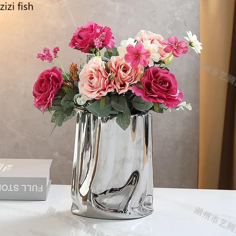 Electroplating Pocket Vase Tabletop Ceramic Flower Ware Creative Flower Arrangement Vase Living Room Aesthetic Decoration