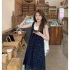 Blue plaid sleeveless dress French literary style Mori retro small fresh holiday suspender vest long dress