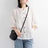 Womens Teal Linen Blouse Casual Round Neck Lantern Sleeve Button Up Solid Color Top