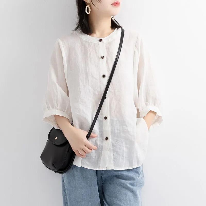 Womens Teal Linen Blouse Casual Round Neck Lantern Sleeve Button Up Solid Color Top