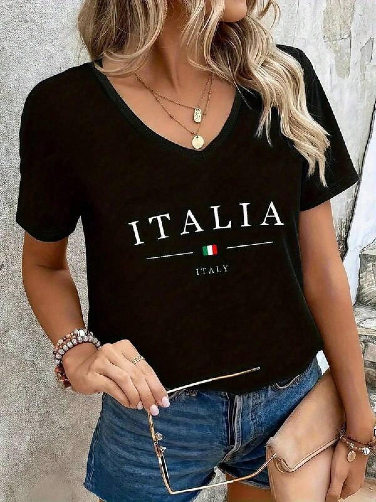T-shirt printing, women s casual V-neck T-shirt, Italian printing, knitted fabric, oversized loose, spring, summer and autumn tops, oversized V-neck S чёрный