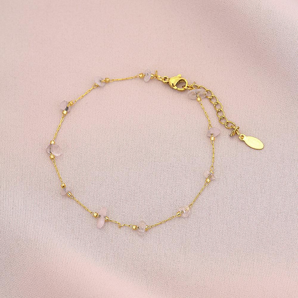 New Arrival Delicate Tarnish Free Titanium Steel Healing Rose Quartz Gravel Charm Thin Bracelet Summer Girl Crystal Jewelry