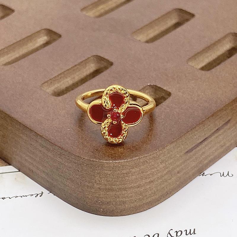 Court Style Medieval Red Lucky Transfer Enamel Drip Oil Opening Ring Butterfly High Sense Ring Woman