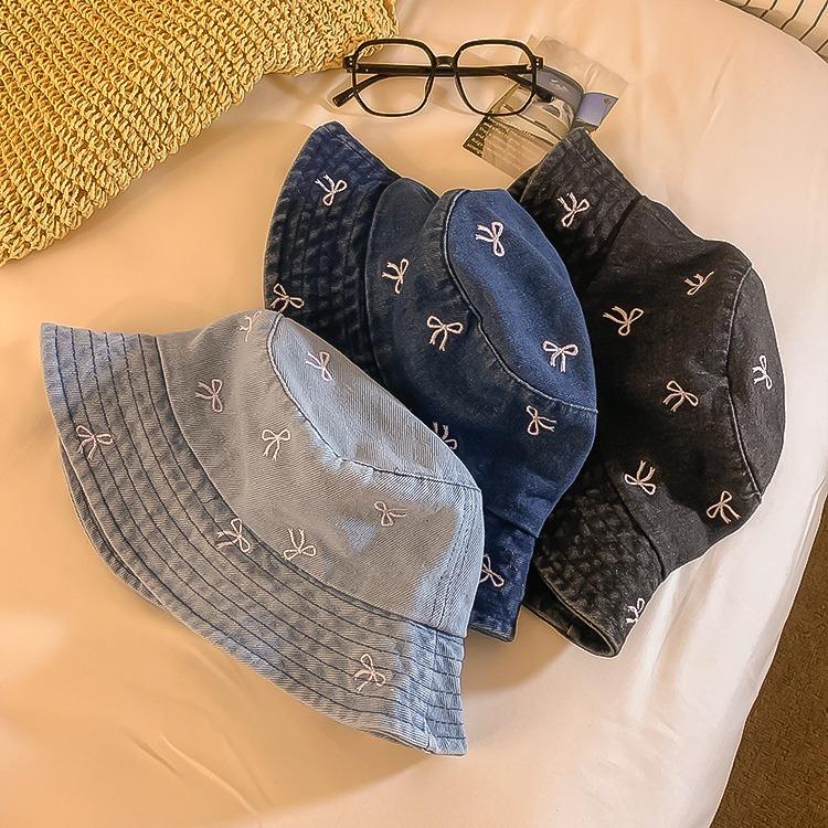 Washed old bow denim bucket hat women's summer big head circumference washbasin hat sunshade sunscreen hat