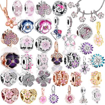 Flower Cherry Blossom Charm Beads Pendant Fit Original Snake Silver Bracelet Necklace Beads For Diy Jewelry Women Gift