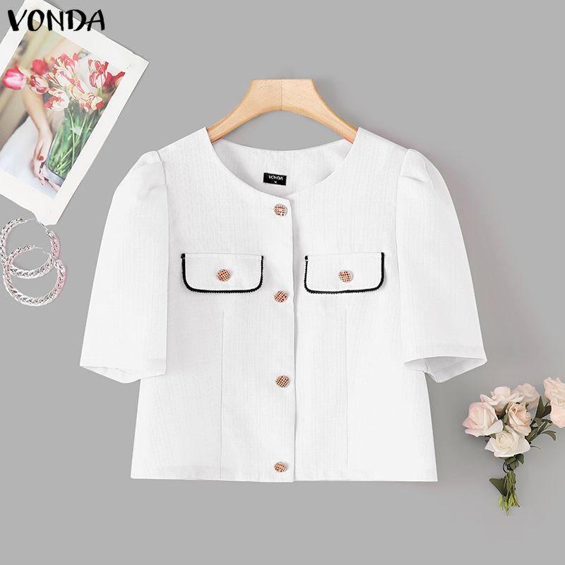 

VONDA Women Short Sleeves Stitching Texture Casual Cropped Blouse Tops M белый