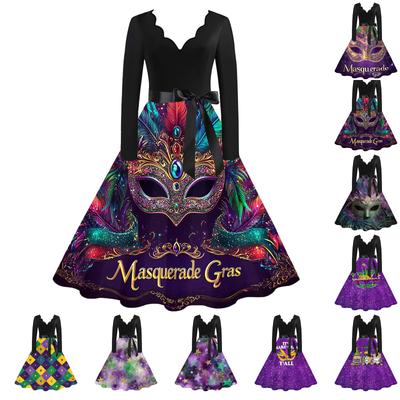 Damen Casual Mode V-Ausschnitt Karneval Bedrucktes Vintage Kleid