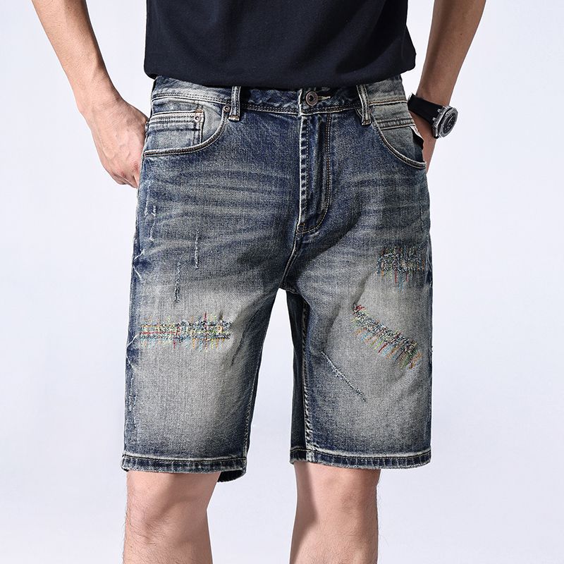 New Retro Ripped Denim Shorts Men's Summer Thin Five-point Pants Casual Mid-sized Pants