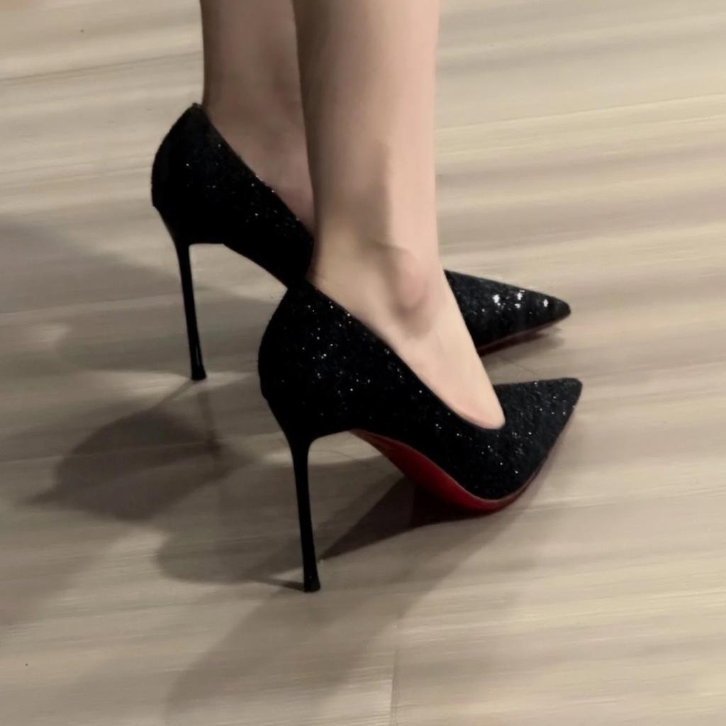 Sequined Red-soled High Heels Women's Spring and Autumn 2024 New Black Stiletto Sexy Pointed Beautiful Professional Temperament Single Shoes