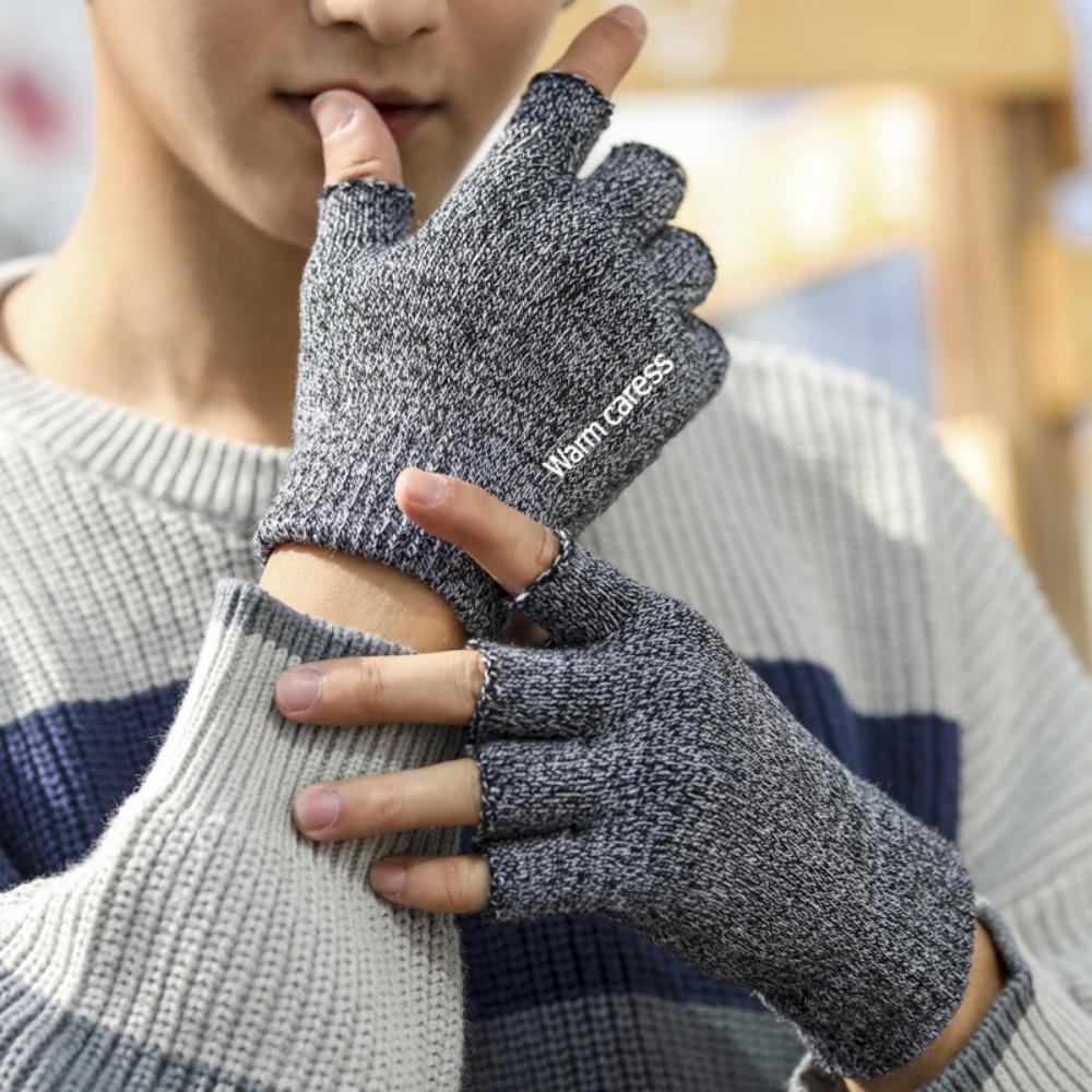 Half-finger Men's Gloves Autumn and Winter Dew Two-finger Thickened Warm Touch Screen Plush Wool Cold-proof Outdoor Cycling Knitting