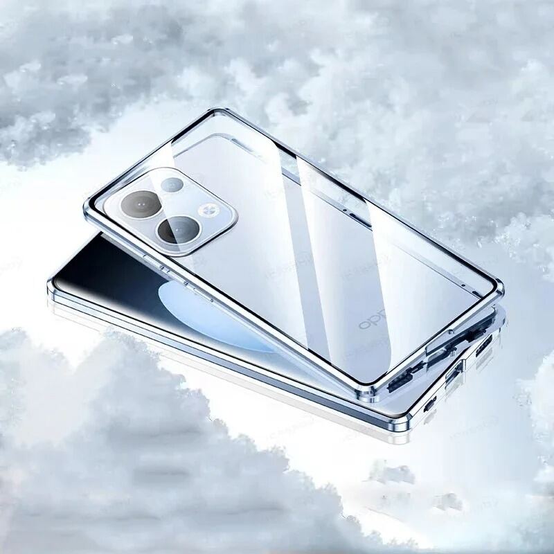 

Магнитный чехол для OPPO Reno14 Reno11 Reno12 Reno13 Pro F с металлическим каркасом, двухсторонним закаленным стеклом, полной защитой объектива, бамперами для телефона OPPO Reno14 F синий