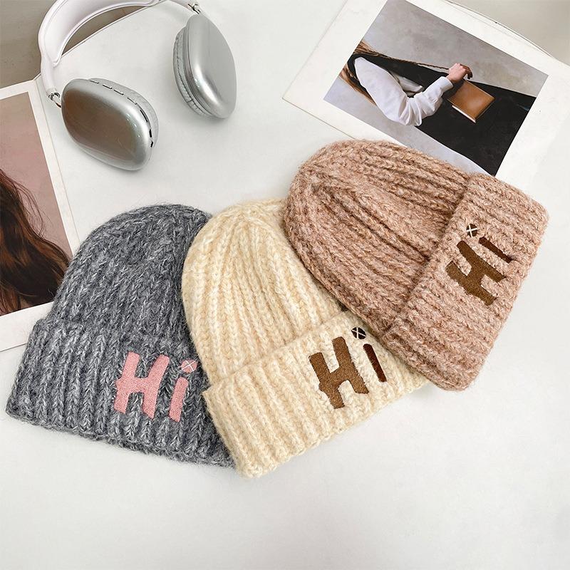 Letter knitted hat women's autumn and winter big head circumference thickened warm ear protection cold hat student outdoor versatile wool hat
