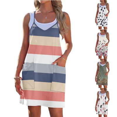 Moda Feminina Verão Estampado Solto Sem Mangas Bolso Decote V Vestido