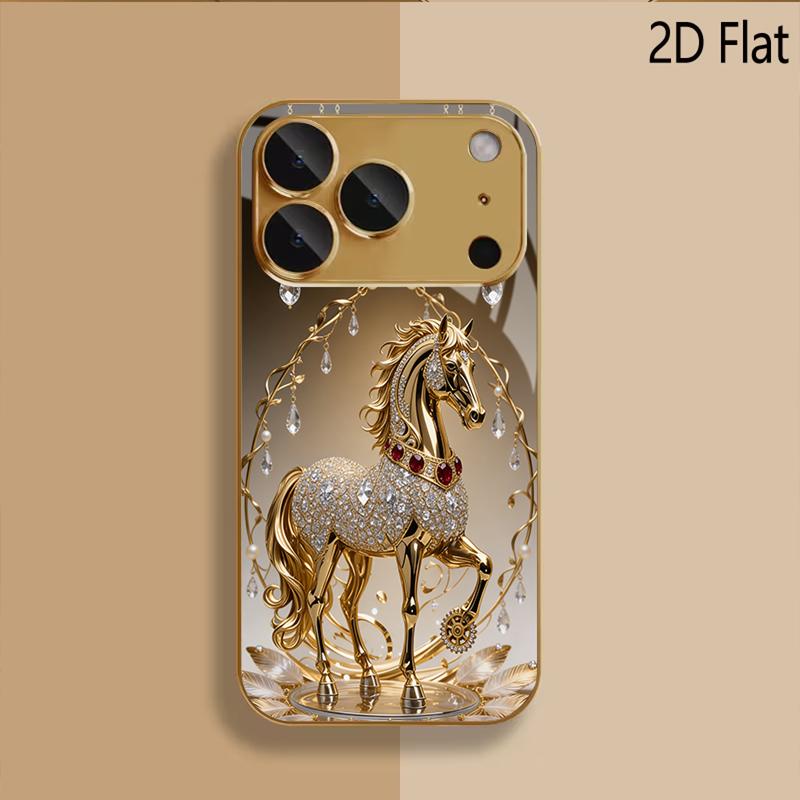 Golden Horse Patterned tempered glass design for iPhone16 17 ProMax 1514 1312 11ProMax Phone Case Camera Cover Shockproof Hard B