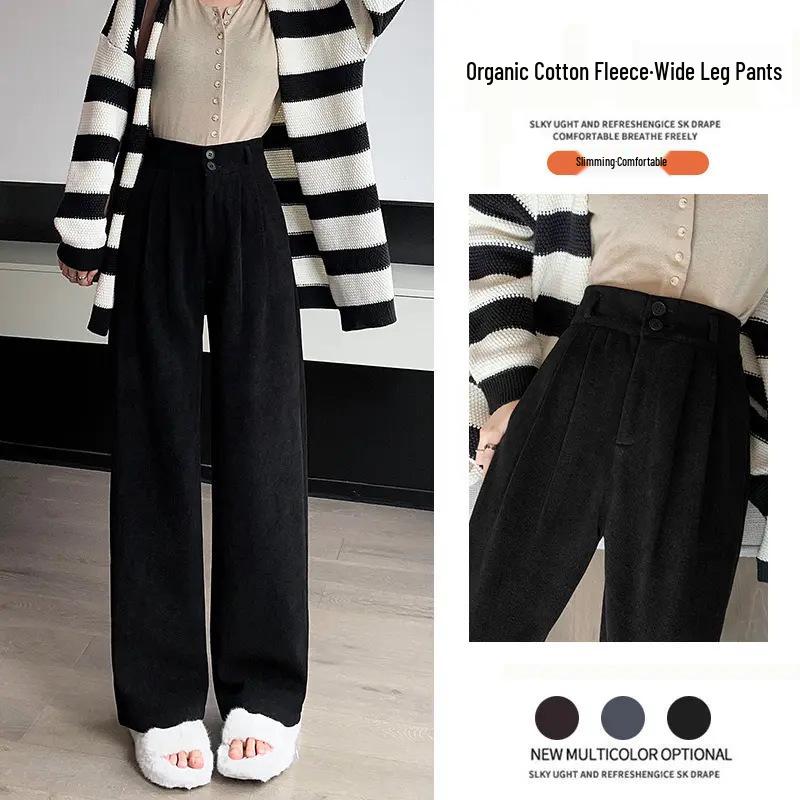 Women's Black High-Waist Cotton Plush Pants - Autumn/Winter 2026 Korean Style, Slim Straight Wide-Leg, Drapey.