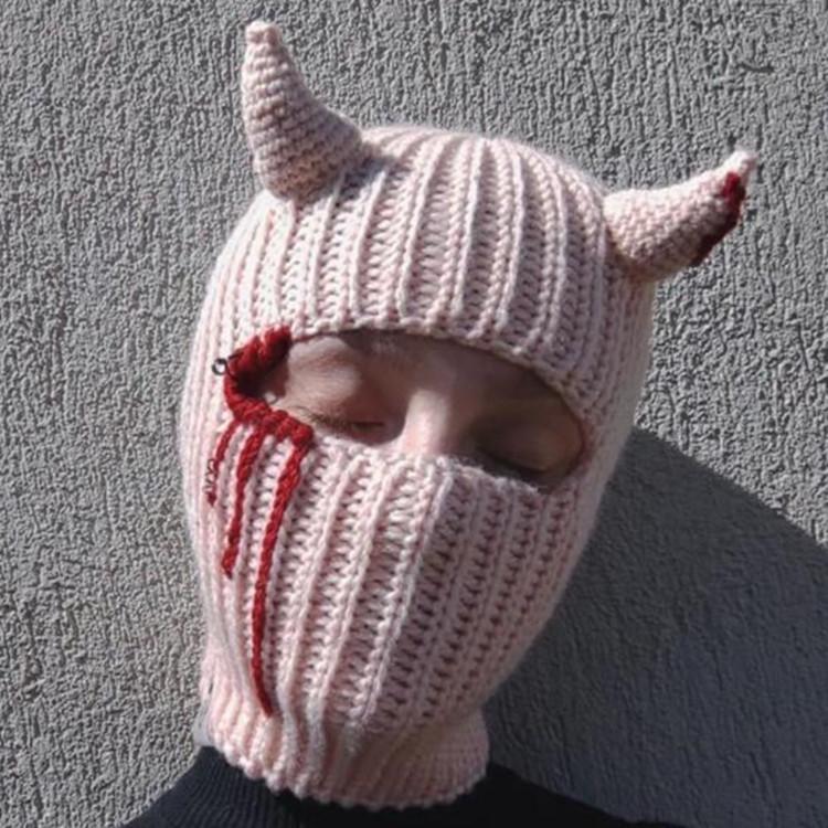 Y2K Style Crochet Halloween Party Cow Horn Parent-Child Ski Mask Hat
