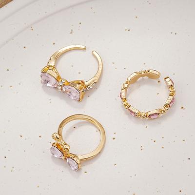 Vintage Y2K Pink Heart Zircon Bowknot Ring For Women Boho Kpop Sweet Girls Open Finger Rings Party Gift Jewelry
