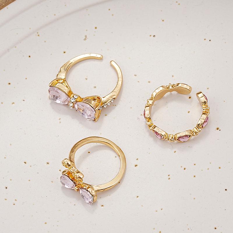 Vintage Y2K Pink Heart Zircon Bowknot Ring For Women Boho Kpop Sweet Girls Open Finger Rings Party Gift Jewelry