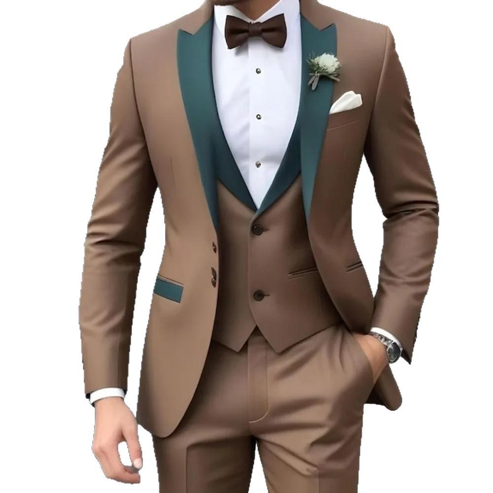 Customized Brown Men Suits Single Breasted Peak Lapel Slim Fit 3 Piece Jacket Pants Vest Full Sets High Quality Clothing