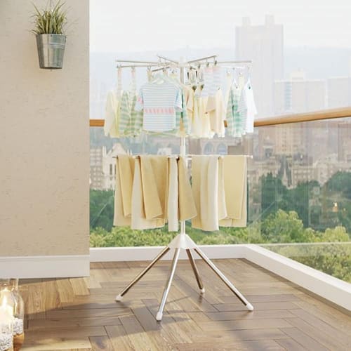 RUNCAN Clothes Drying Rack, Clothes Drying Rack with Pinch Hangers and Towel Hangers, 3 Tiers, 360-Degree Rotation, Four-Legged Design, Foldable Stora