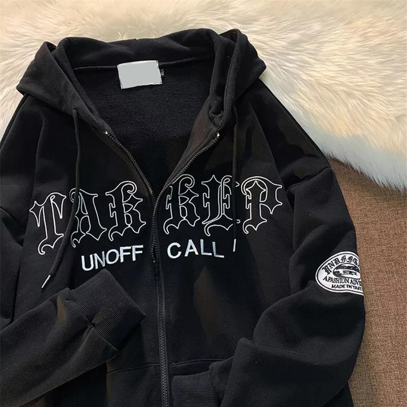 Letter Embroidered Hooded Pocket Loose Casual Sweatshirt Cardigan Jacket