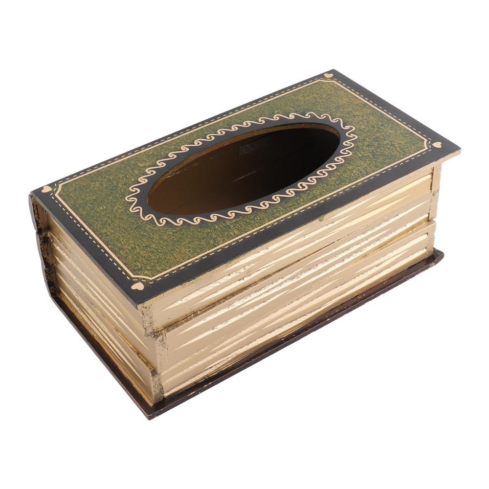 Wood Tissue Box Dispenser Rectangular Antique Book Box Cover Living Room Decor