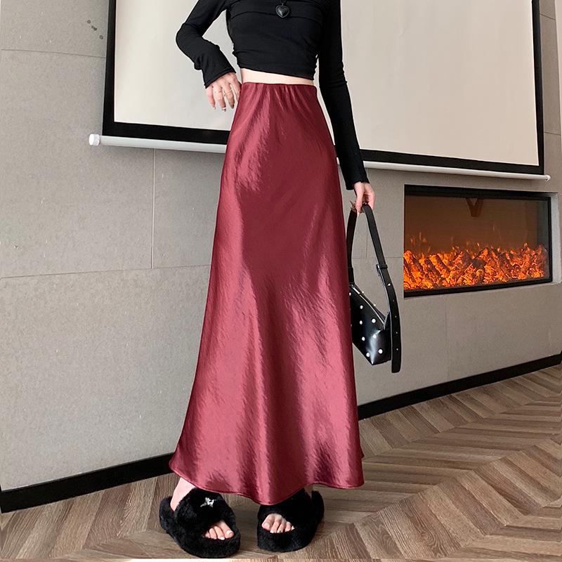 

French High-Waisted A-Line Satin Midi Skirt for Women - Autumn Collection L