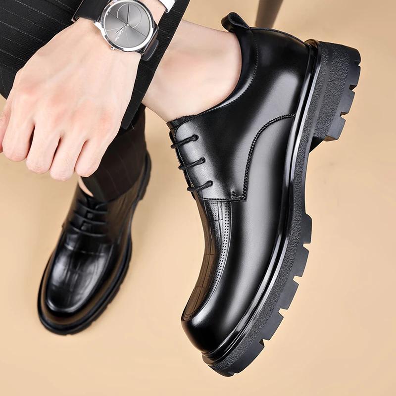 Thick Bottom Mens Dress Shoes Fashion Pointed Toe Men'S Business Casual Shoes Brand Leather Walking Footwear Lace-Up Men'S Shoes